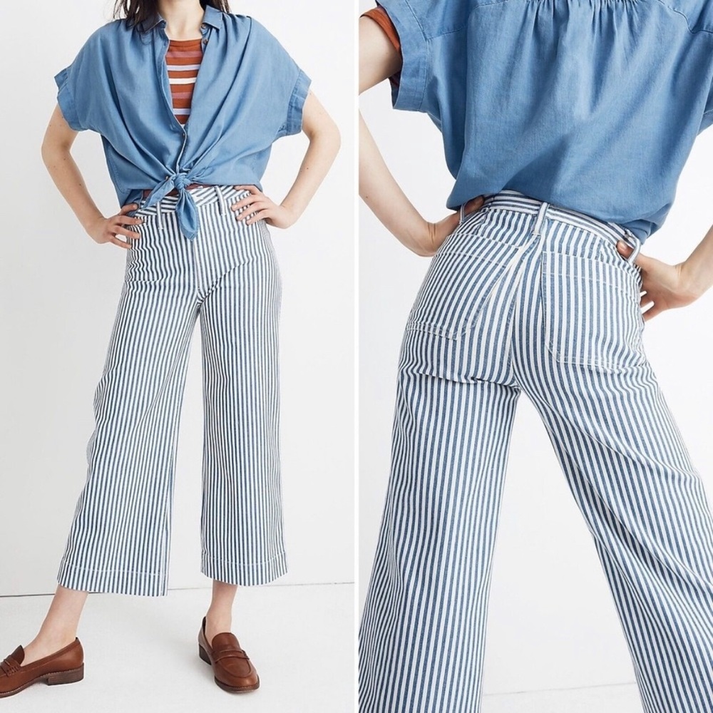 Madewell Emmett Herringbone Railroad Blue Stripe Wide Leg Crop Pants